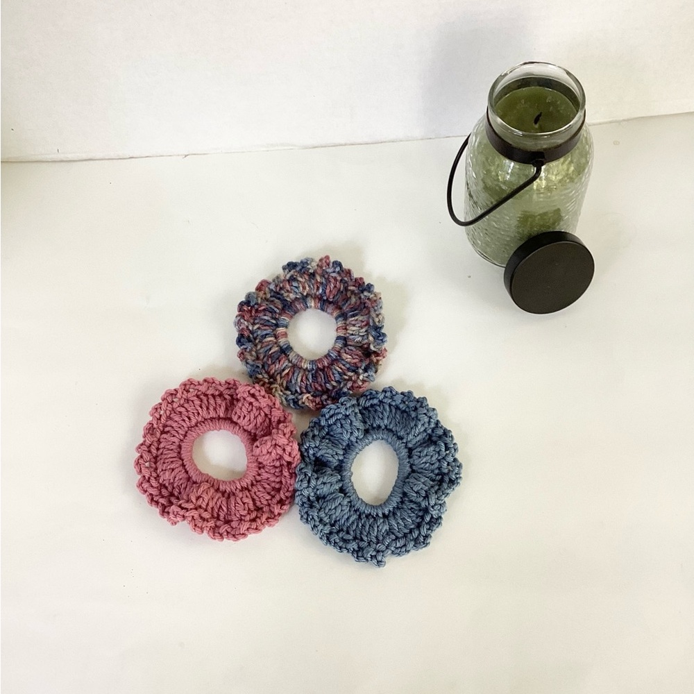 Hair Scrunchies Hand Crafted Crochet Boho Blue Rose Messy Bun